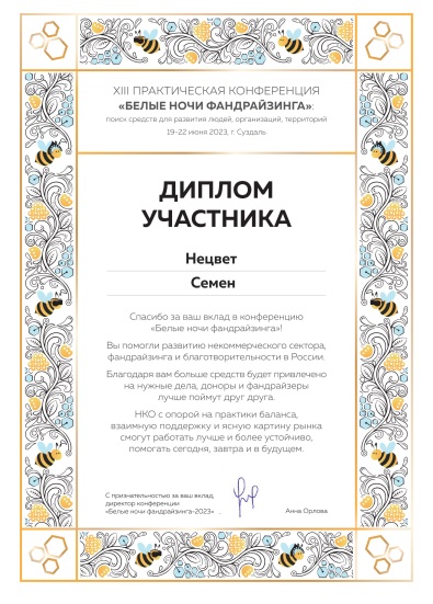 Сертификат участника Белые ночи фандрайзинга